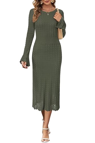 Image of Newshows Women's Hollow Slim Summer Fall Church Work Casual Sweater Dress | Machine Washable Knit Sweater Fabric, Hollow Design, Bell Sleeve, Business Casual, Church Teacher Outfits, Modest Dress