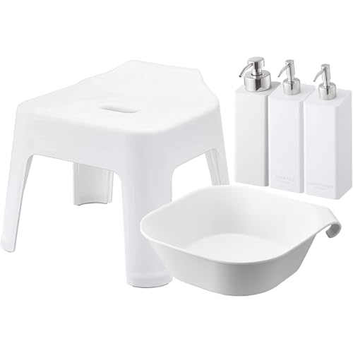 山崎実業(Yamazaki) 引っ掛け風呂イス 座面高25cm + マグネット&引っ掛け湯おけ Lサイズ + マグネットディスペンサーボトル 3本セット 泡タイプ&ノーマルタイプ 【5点セット】 ホワイト タワー tower 5383 1562 5210