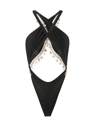 SOLY HUX Women's One Piece Swimsuits Halter Criss Cross Shell Fringe High Cut Bathing Suit Beachwear4