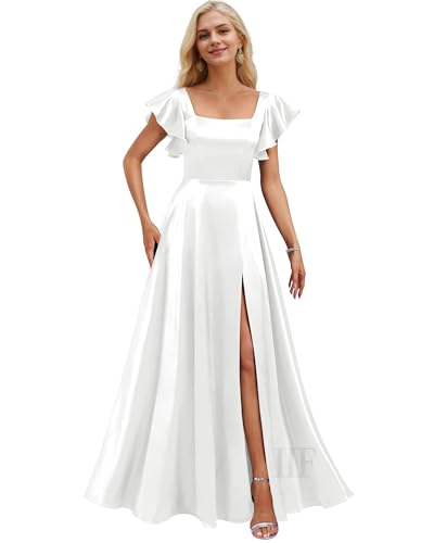 Image of IIF Short Sleeve Bridesmaid Dresses with Pockets Square Neck A-Line Satin Prom Gown Dress for Women with Slit IIF134