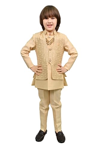 Image of AHHAAAA Kids Ethnic Bollywood Style Sherwani Waistcoat Kurta and Pyjama with Moti Mala for Boys