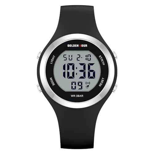 GOLDEN HOUR Reloj Digital Mujer, Resistente al Agua hasta 5 ATM, Deportivo, cronógrafo, Correa de Silicona, Reloj de Pulsera para Mujer con Fecha, Esfera Luminosa de fácil Lectura - Negro Plateado - imagen 2