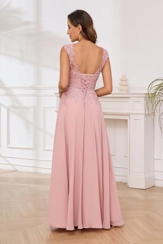 Women's Lace Applique Mother of The Bride Dresses for Wedding V-Neck Long Formal Evening Gowns2