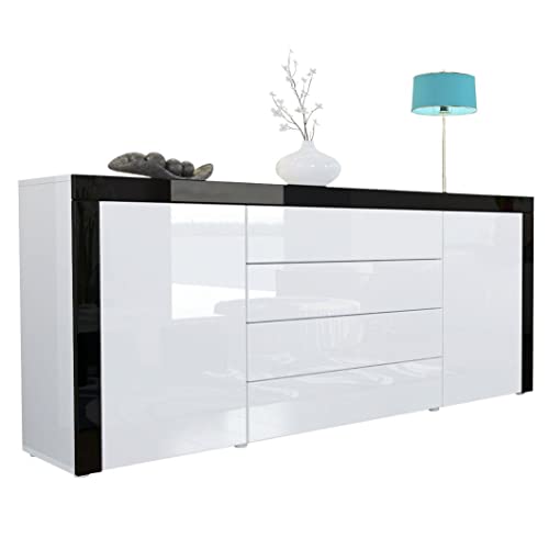Vladon Buffet Commode La Paz, Corps en Blanc Haute Brillance/Façades en Blanc Haute Brillance avec Une Bordure en Noir Haute Brillance