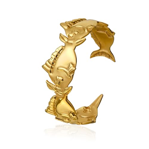 Gold Open Cuff Bangle Bracele Chunky Butterfly/Flower/Coral Reef Lightweight Bamboo Conch Crab Starfish Shell Cuff Bracelet Gift for Women