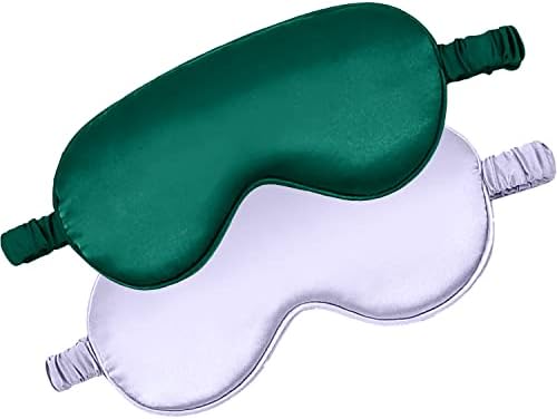 Silk Sleep Mask, 100% Silk Eye Mask for Sleeping with Elastic Strap, Soft Blackout Blindfold Eye Cover Eyeshade for Women Men Travel 2 Pack (Light Purple & Dark Green)