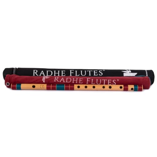 Image of Radhe Flutes Bamboo Bansuri C Sharp Right Handed Middle Octave (18 inch) With Hard Cover (Beige Flute With Maroon & Dark Green Threads)