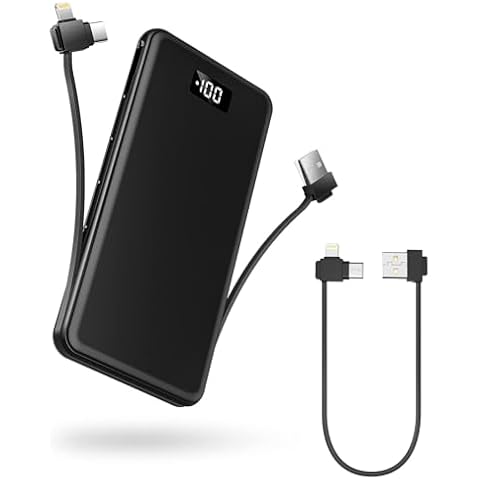 TNTOR Portable Charger Slim 10000mAh Battery Pack with Built in Lightning and USB-C Cable, LED Digital Display Fast Charging Power Bank Compatible with iPhone15 14 13 12 11 X 8 Samsung Google Pixel LG Cover