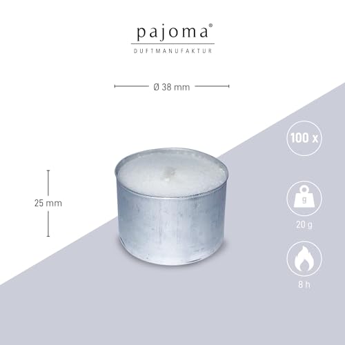 pajoma® Tea Lights Pack of 100 White | Unscented Paraffin Tea Lights | Burning Time: 8 Hours - 20 g Wax Weight, 25 x 38 mm | Gastro, Wedding, Decorating, Celebration, Relaxing, Outdoor, Party