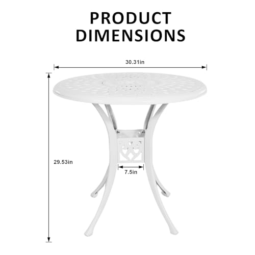 Image of 30 inches Patio Table with Umbrella Hole, Round Cast Aluminum Bistro Table for Porch Backyard, White