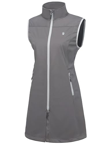 Little Donkey Andy Leichte Softshell-Weste für Damen in langer Ausführung Outdoor-Weste für Damen Lang Winddichte ärmellose Jacke zum Wandern Grau L