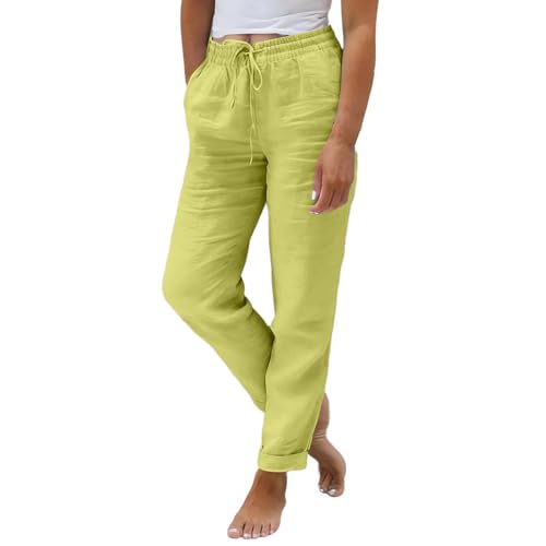Image of Generisch Lightweight women's linen trousers for elegant cargo trousers as jogging bottoms, versatile hiking trousers in oversized style, muslin, perfect leisure fashion for holiday, office, yellow, M