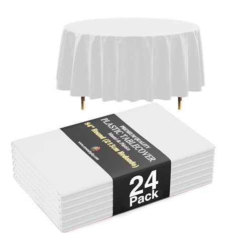 Image of Exquisite 66% Thicker Premium White Round Tablecloth 0.5 Mil 24 Pack Plastic Table Cloth Disposable 84 Inch Round Plastic Tablecloth Won't Tear Easily Like Cheap Thin Brands