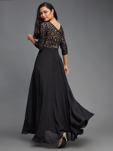 Image of Miss Chase Women's Self Design Boat Neck 3 /4 Sleeves Side Pocketed Georgette Fit and Flare Maxi Length Dress
