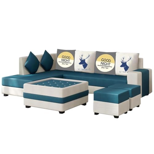 Image of FURNY Stylerry 8 Seater Fabric LHS Sectional L Shape Sofa Set with 1 Centre Table & 2 Puffy (Teal-Cream)