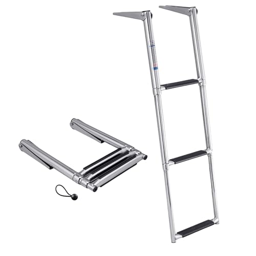 White Water - Telescoping 3-Step Over Platform Drop Ladder - 304 Stainless Steel Heavy Duty Folding Marine Boarding Ladder w/Bungee Strap for Boats, Swim Platforms, Yachts, RVs, Docks - B00301R