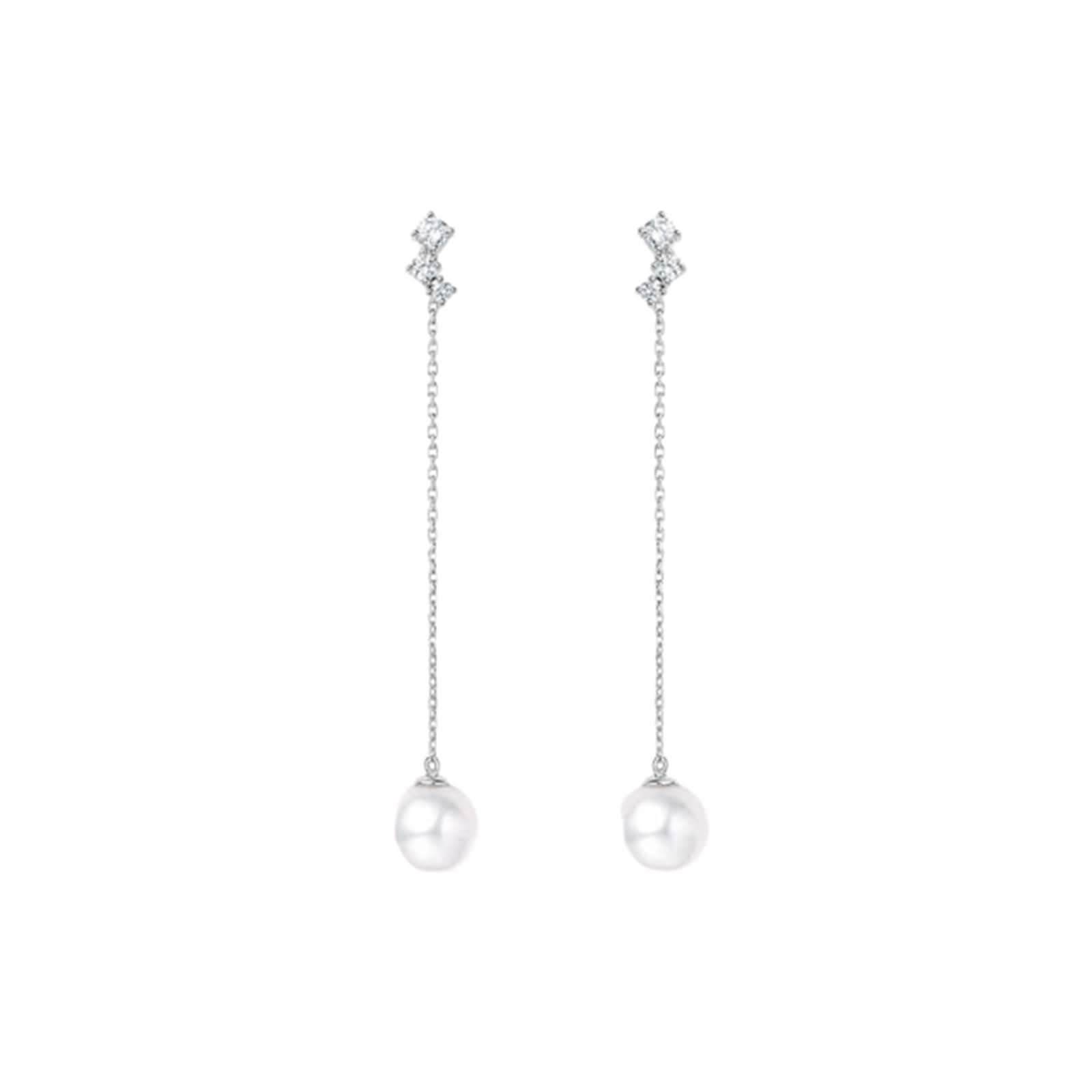 Kolczyki damskie 9K / 14K / 18K Białe Złoto 750, Perła 7,5-8 MM 0,22 ct Diament, Kolczyki wiszące damskie srebrne
