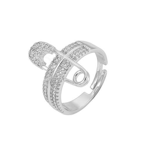 NewZenro Wide Flat CZ Safety Pin Chunky Open Rings Fashion Gold/Silver Plated Cubic Zirconia Paved Expandable Engagement Promise Statement Band Rings Opening Rings for Women Birthday Party (Silver)
