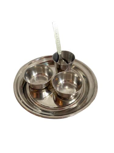 Image of Vrindavan Mandir Small Size Laddu Gopal Bhog Thali Set, Pooja Bhog, Diwali Thali, Kanchak Gift, Navratra Gift, Kids Food Thali, Thali-6 Inch, Glass-2 Inch, Spoon-4.5 Inch, Katori-1 Inch