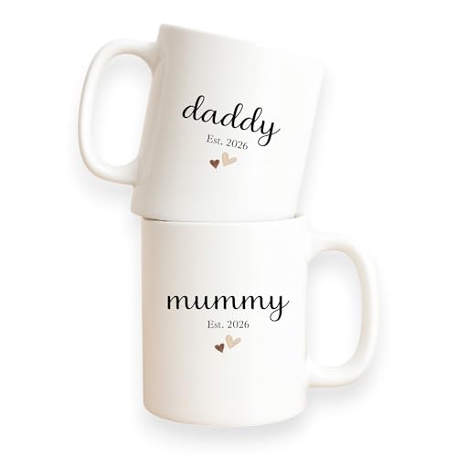 allaboutthebump Personalised Mummy & Daddy Est. Year Ceramic Mug Set Custom New Parents Gift Pregnancy Announcement Baby Shower Mothers Day & Fathers Day Keepsake (Set of 2: Mum & Dad)