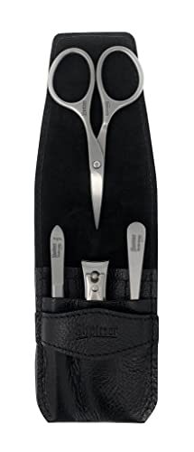 Shpitser Manicure and Pedicure Set of 4 Surgical Stainless Steel Instruments, Made in Solingen, Germany, Luxury Topinox Grooming Kit In Full Grain Nappa Leather Case (Black)