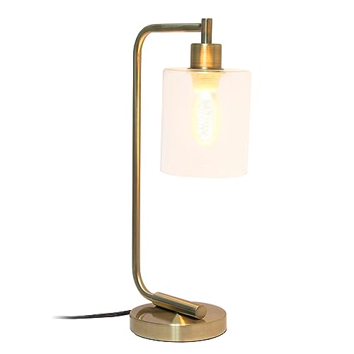 Simple Designs LD1036-ABS 18.8 Inch Industrial Vintage Bronson Antique Style Industrial Iron Lantern Desk Table Lamp With Glass Cylinder Shade For Home Décor, Office, Living Room, Bedroom, Antique Brass thumb #1