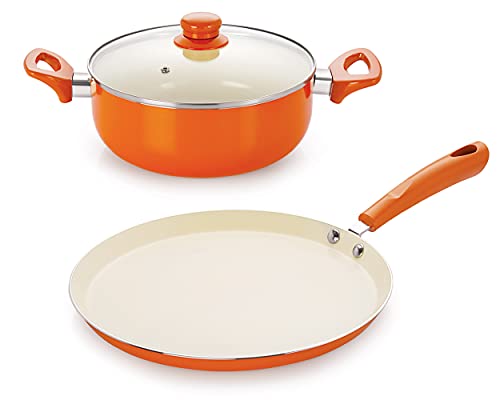 Image of Nirlon Ceramic 2 Pcs Cooking Set,Heat-Resistant Handle, Heavy Guage 4mm Thick Aluminum Cookware for Induction /Gas Stove Tops, 3-Layer Nonstick Coatings, Orange