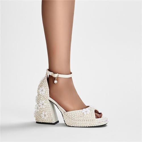Image of Goolita Womens Open Toe Pearl Platform Heels For Women Chunky Buckle Ankle Strap Wedding Heeled Sandals Dress Evening Bride Bridal Shoes