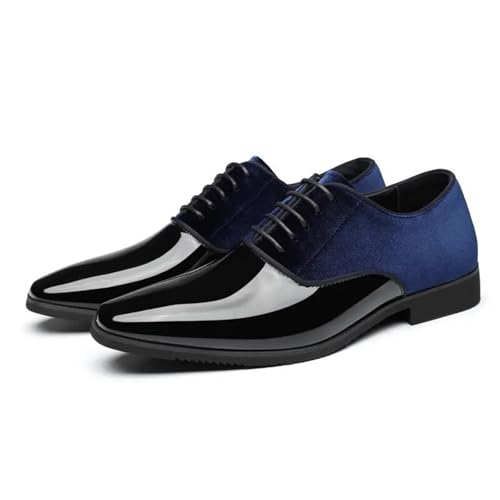 Men's Patent Leather Patchwork Velvet Oxford Shoes Classic Suede Pointed Toe Chunky Block Heel Lace Up Tuxedo Dress Shoes for Formal Wedding Business3