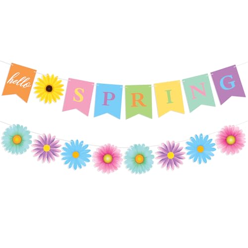 Adecortalk Hello Spring Banner Colorful Spring Wildflower Banner Garland Spring Birthday Party Decorations for Girls Spring Easter Baby Shower Classroom Home Decorations