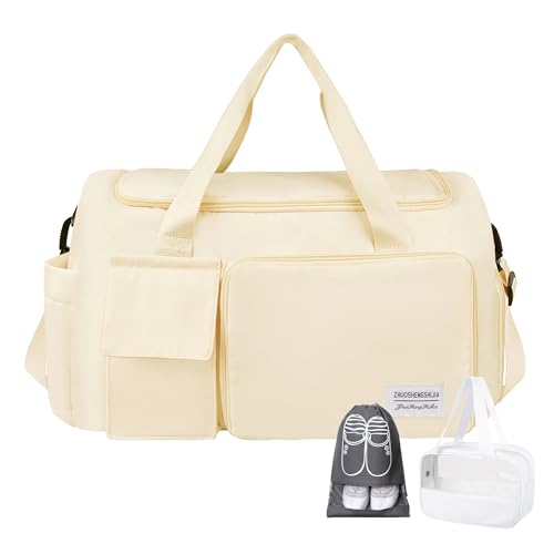 Large Weekender Overnight Bag with Shoes Compartment, Personal Tote for Women or Men, Waterproof Carry-on Set (Beige)