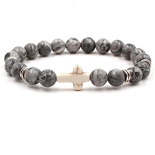 Bracelet en pierre naturelle 8mm avec croix élégante pour femme et homme