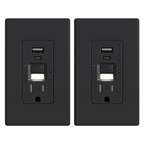ELEGRP GFCI Outlet with USB Ports and Nightlight, 15 Amp Self-Test GFCI Combination with USB Ports, Tamper Resistant GFCI USB Outlet w/Nightlight, Wall Plate Included, UL Listed, Matte Black, 2 Pack
