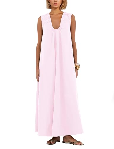Image of Women Flowy Maxi Dress Ruched Sleeveless Long Dress Vacation Fashion Summer Casual Loose Fit Sundress with Pockets