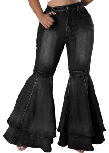 SeNight Women Bell Bottom Jeans Vintage Distressed Flare Black Pants