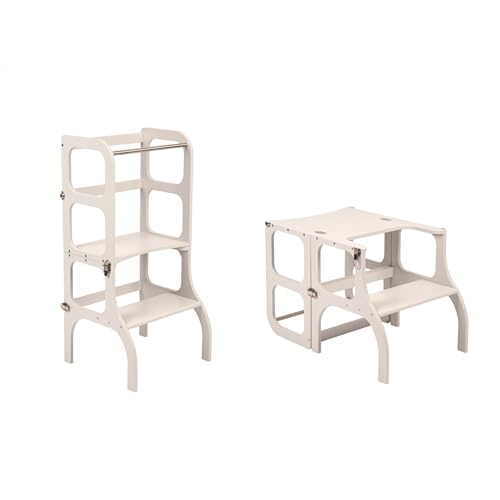 Torre de aprendizaje infantil 2 en 1, taburete y silla de aprendizaje, color gris claro