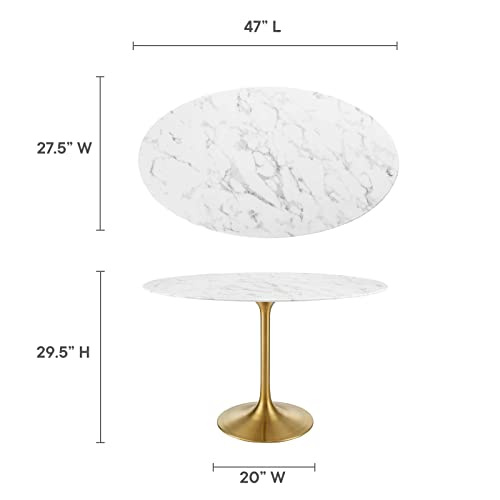 Image of Modway Lippa 48 inch Oval-Shaped Mid-Century Modern Dining Table with Artificial Marble Top and Gold Base