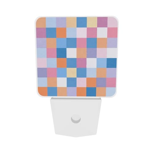 Image of Colorful Checkered LED Plug-in Night Light 2-Pack, Auto Sensor Wood Print Nightlights Set of 2 for Bedroom Bathroom Stairs