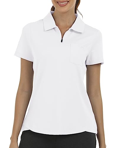 Mofiz Womens Polo Shirts Short Sleeve Moisture Wicking Golf Shirts With Pockets Quick Dry Collared 1/4 Zipper Tennis Shirts White L #TOP1