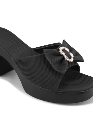 Image of TRYME Women's Comfortable Stylish Bow Detail with Crystal Stone Textured Block Heel Sandals