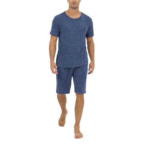 Men's Summer Short Sleeve Pajama Set Soft Shorts Crew Neck Elastic Waist Lightweight