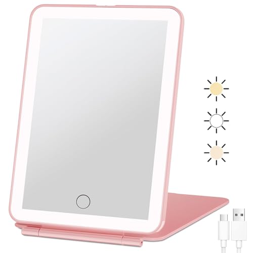 Image of LED Travel Mirror with Light, Rechargeable Folding Mirror with Touch Sensor Ring Light, 3 Light Modes, USB Cable Included