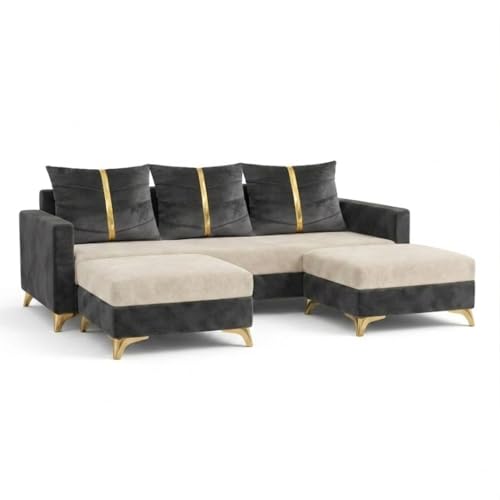 Image of Caviar 5 Seater L Shape Sofa Set with 2 Movable Ottomans | Flexible Layout | Luxury Velvet Suede Fabric | Modern Living Room Sofa | Dark Grey-Cream