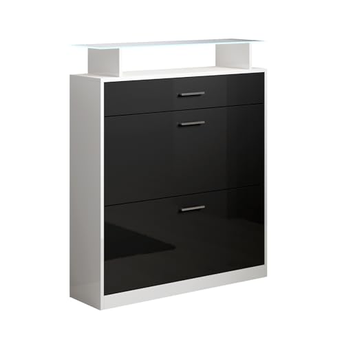 MB Muebles Bonitos, Recibidor Zapatero Paola con Luz LED para Recibidor, Diseño Moderno, Melamina Brillo, Color Blanco y Negro, 89x105x24 cm