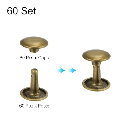 QUARKZMAN Zestaw 60 podwójnych zaślepek skórzanych nitów, 10 x 10 mm okrągły kaptur metalowe nity do obróbki skóry pasek tkanina kołnierz torba naprawa dekoracja, brąz