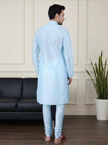 Image of SadreeMen's Silk Blend|Classic|Occassion|Ethinic|Full Sleeve|Mandirn Collor|Knee Length|Solid Colour|Light Weight|Comfort|Regular Fit Kurta Pyjama Set