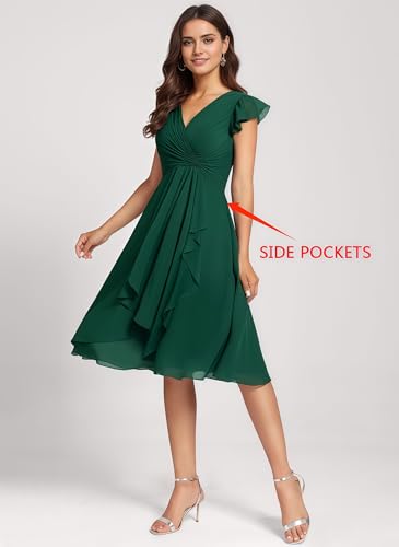 Women's Short Chiffon Bridesmaid Dresses with Flutter Sleeves for Wedding V Neck Ruffle Formal Dress with Pockets3