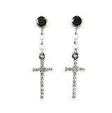 Black Stud Cross Dangle Earrings in Sterling Silver with CZ Diamonds - Black Diamond Dangle Cross Ea