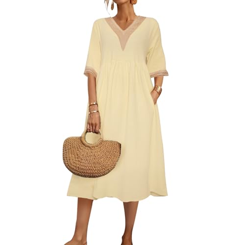 RoomTour Vestido Casual de Verano para Mujer Manga Corta Cuello en V Vestido Largo con Bolsillo