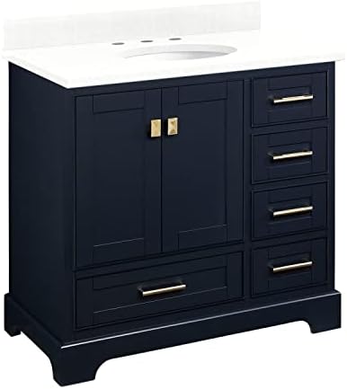 Signature Hardware 483414 Quen 36" Free Standing Single Basin Vanity Set with Cabinet, Vanity Top, and Undermount Sink - 3 Faucet Holes - Midnight Navy Blue/Feathered White Quartz